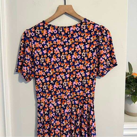 Boden Navy Blue Pink Retro Floral Jersey Mini Dress 6R - Picture 4 of 10